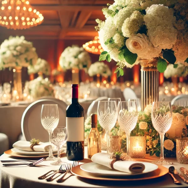Allestimento per un matrimonio o evento – Tavoli imbanditi con bottiglie di vino e bicchieri pronti per essere serviti.